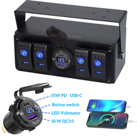 Boîtier d'interrupteurs à bascule 5 gangs en aluminium ON/OFF avec chargeur USB double QC3.0 & PD, voltmètre, indice de protection IP53, 20A 24V