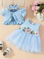 Nouvel Ensemble pour Bébés Filles: Robe sans Manches Broderie Fleur, Cardigan Tricoté à Volants et Bandeau