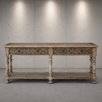 Table console en bois rustique de style farmhouse, chêne vieilli, avec tiroirs et étagère, pour entrée, salon ou couloir