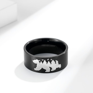 <b>Titanium</b> Steel <b>Ring</b> Animal Pattern Bear Bird Forest Design Unisex Casual Jewelry Black Steel Color - Product Image 3