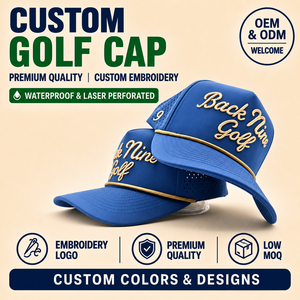 Casquette de golf imperméable à 5 panneaux, logo brodé personnalisé, faible MOQ, OEM, perforations laser, performance innovante - Product Image 1