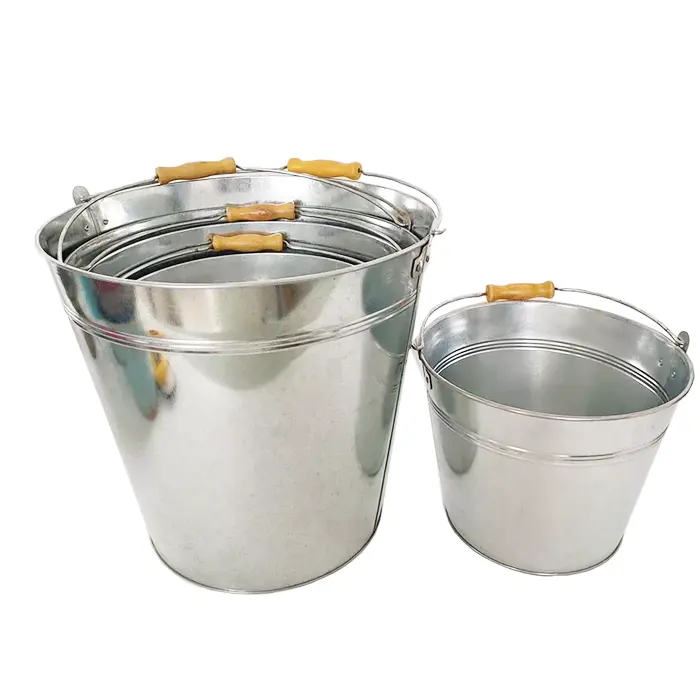 Wholesale Cheap 5L 10L 15L Metal Bucket For Water Garden Galvanized Bucket Pail With Wooden Handle Sliver Iron Flower pot