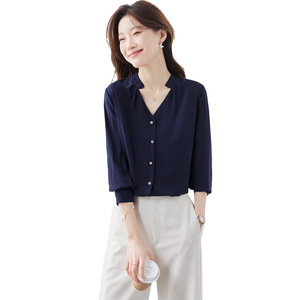 Royal Blue V-neck Shirt Women Long Sleeve Button Front Solid Color Office Wear Polyester Poplin Blouse Spring Autumn 2025 - Product Image 5