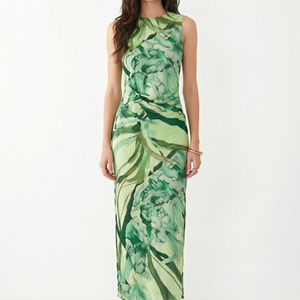 Robe longue élégante verte à imprimé abstrait pour <span class=keywords><strong>femme</strong></span>, sans manches, col montant, grande taille, robe longue personnalisée OEM/ODM, robe chic d'été - Product Image 4