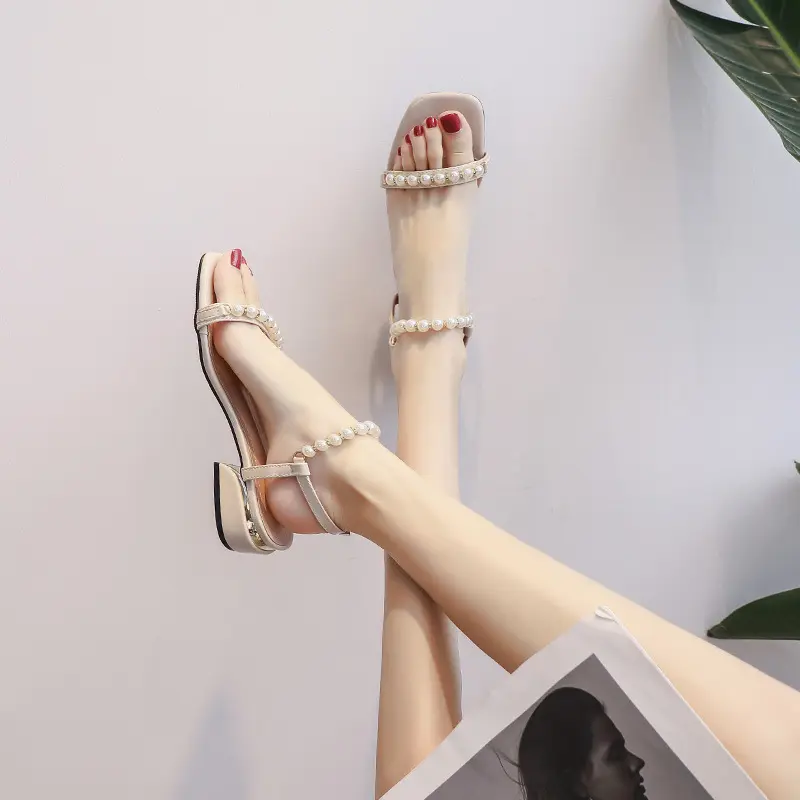 Women Shoes 2024 New Summer Female Rome Sandal T Strap Pearls Slingbacks Block Heel Sandals for Women