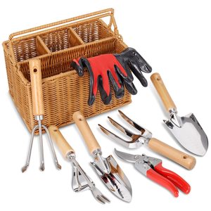 Lot de 9 outils de jardinage DIY durables de qualité alimentaire avec manche en bois, pelle, truelle, râteau et panier de transport – Vente en gros OEM - Product Image 1