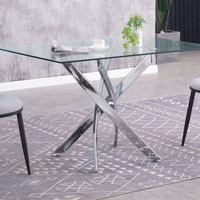Table à manger contemporaine portable avec pieds en métal en forme de X, plateau en verre trempé, design réglable, 4 places, écologique
