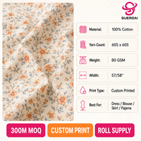 Tela de algodón estampada 100% algodón, estampado digital floral personalizado, tela ligera para vestido o blusa, venta al por mayor OEM