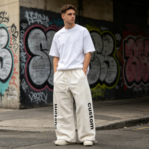 Pantalon de survêtement ample décontracté pour homme en coton blanc, taille élastique avec cordon de serrage, imprimé lettres, collection automne - Product Image 1