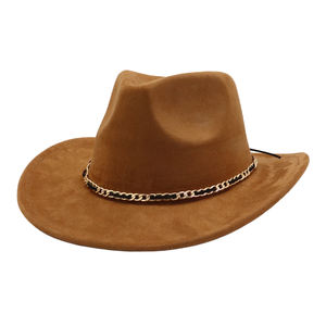 OEM venta al por mayor de ala ancha mujeres Unisex falso lana poliéster <span class=keywords><strong>Ha</strong></span> gamuza vaquero occidental Fedora sombreros con cadena Bowknot Band - Product Image 1
