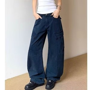 Pantaloni <span class=keywords><strong>Cargo</strong></span> da <span class=keywords><strong>donna</strong></span> con grande tasca a vita alta da <span class=keywords><strong>donna</strong></span> larghi pantaloni di jeans lavati Casual da <span class=keywords><strong>donna</strong></span> - Product Image 2
