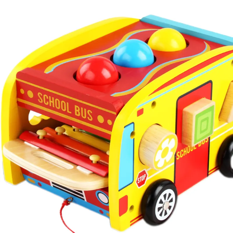 Wooden Knocking Game Shape Matching Toys Wooden Hammering Pounding Toys Multi-Functional School Bus Themed Handcart