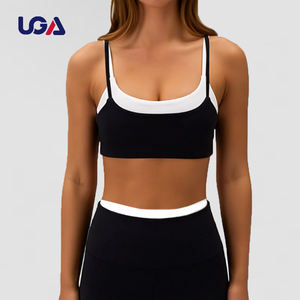 Экологичный комплект: спортивный бюстгальтер с регулируемыми бретелями и двухслойные леггинсы для йоги в полоску, с дизайном в стиле колор-блок - Product Image 1