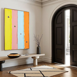 Candy Stripe Serenade Minimalist Pastel Textured <b>Abstract</b> Oil Painting On <b>Canvas</b> With Frame Contemporary Art Wall Decor - Product Image 3