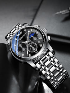 นาฬิกาควอตซ์ผู้ชาย ตัวเรือนโลหะผสม สแตนเลสสตีล ดีไซน์ธุรกิจ พร้อมปฏิทินเรืองแสง ลายดวงอาทิตย์/ดวงจันทร์/ดวงดาว - Product Image 3