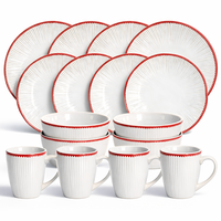 Lot de 16 pièces de vaisselle en grès blanc à bord rouge, assiettes, bols et tasses en céramique en gros