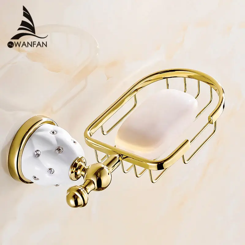 WANFAN Ouro Com Diamante Banheiro Accessaries Série 5206 Set Titular Wall Mount Latão Cromado Sabão Cesta Sabão Ouro