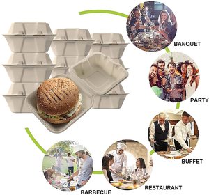 Bộ Đồ Ăn Dùng Một Lần Có Thể Phân Hủy Sinh Học Bữa Tối Burger 9*6 Inch Không Tẩy Trắng Để Đi Hộp Cơm Trưa Hộp Mía Bánh Hamburger Vỏ Sò - Product Image 5