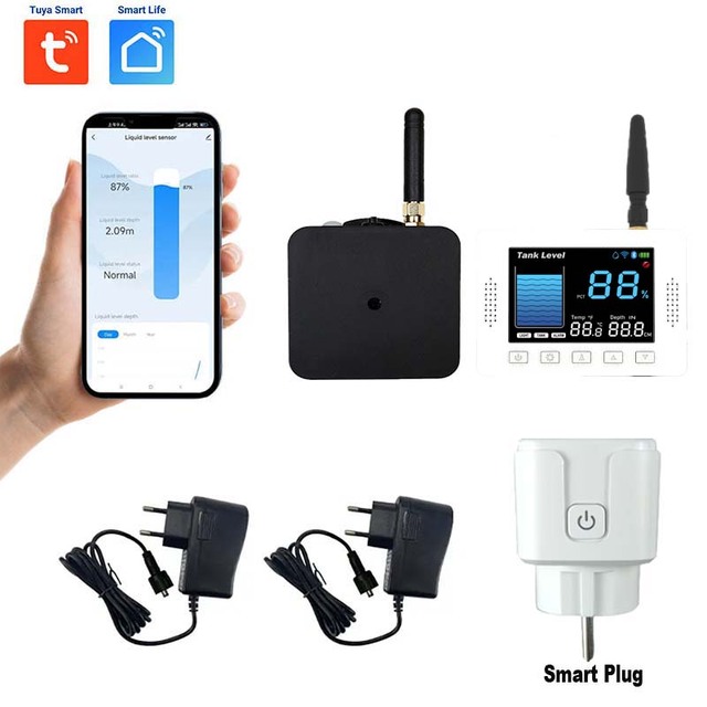 Smart Wireless Lora & WiFi Tuya Automatic Water Tank Level Controller with LCD & Pump Control Plug Remote Monitoring for Home