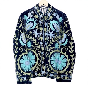 Multi Floral Embroidery Pattern Velvet <b>Jacket</b> Mandarin Collar Regular <b>Sleeve</b> <b>Short</b> Length Unisex Eco-Friendly Breathable - Product Image 1