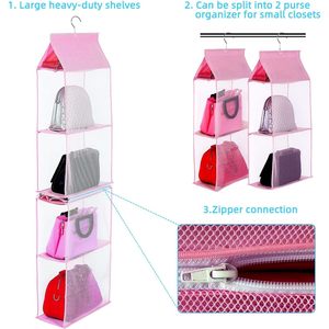 Closet Purse Organizer, Hanging Handbag Organizer with 4 Heavy-Duty Mesh <b>Shelves</b> Closet Purse Storage Bag - Product Image 4