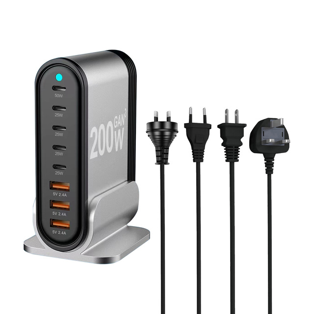 Gan 200W 8 Port USB C PD Fast Charging Station Wall Charger with 6ft Power Cable for MacBook Pro iPad Pro iPhone Samsung
