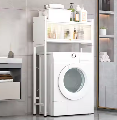 Tendederos de ropa de dos niveles con puerta, color blanco.