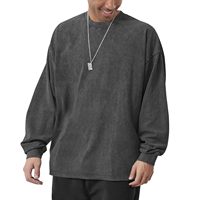 230g 100% katoenen kraagloze distressed T-shirt met lange mouwen, wijde schouderlijn, gewassen vintage herfstlook, oversized unisex top