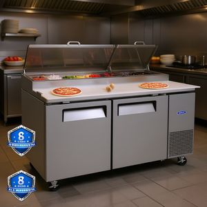 Table de préparation de pizzas commerciale Orikool, 20,3 pieds cubes, réfrigération intégrée, portes doubles, argent - Product Image 2