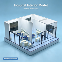 Maquette architecturale d'un couloir d'hôpital, avec les différentes pièces fonctionnelles, les couloirs et le mobilier médical, figurines miniatures en ABS