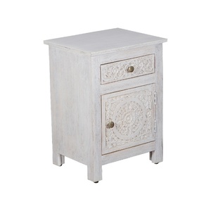 Table de chevet en bois sculptée à la main avec motif floral |   Table de chevet blanche antique avec tiroir et armoire | Meuble de rangement vintage pour chevet - Product Image 4