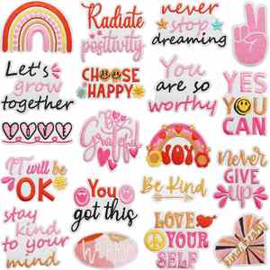 Patch brodé thermocollant rose avec des mots inspirants : Happy, Good Vibes, Peace, Warm, pour la décoration des vêtements et des chapeaux - Product Image 1