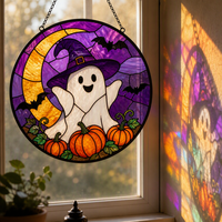 Attrape-soleil en vitrail fait main POD, motif fantôme mignon et effrayant, croissant de lune et citrouille, décoration de fenêtre pour fête d'Halloween