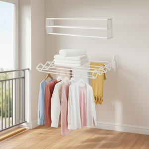 Séchoir à linge mural extensible Manemi en acier blanc, 60 cm, double niveau, pliable, intérieur/extérieur, design minimaliste pour vêtements - Product Image 2