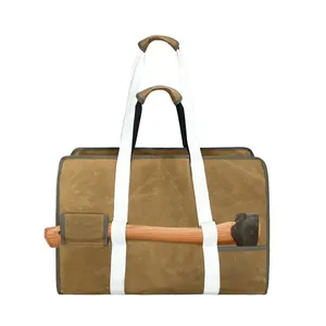 Mydays Outdoor Upgrade 2 em 1 durável impermeável encerado Canvas Firewood Carrier Tote Bag com Eixos Segurando Loop