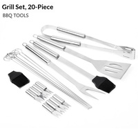 Ensemble d'outils de barbecue en acier inoxydable poli à long manche, 20 pièces, personnalisé, essentiels pour la cuisine et le camping, multi-usages, barbecue en plein air