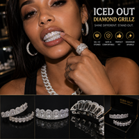 En gros Grillz dentaire CZ arc-en-ciel entièrement serti, large, style Hip Hop de luxe, plaqué or 14K, coupe octogonale, bijoux dentaires pour hommes et femmes