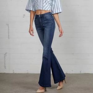 Nouveau design, logo personnalisé, jeans évasés taille haute, délavés à l'acide, bleu foncé, pour femmes - Product Image 2