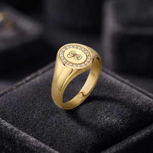 Gold Monogram Signet <b>Ring</b> Round Diamond Halo Engraved Letter <b>Ring</b> Custom <b>Name</b> Jewelry Gift - Product Image 3