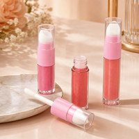 Gloss à lèvres liquide brillant avec applicateur éponge, tubes fins transparents, bandes roses, nuances rouge corail et rouge baie, vente en gros, OEM, logo personnalisé