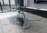 Table basse pivotante ovale en acier inoxydable avec plateau en verre et base argentée avec fonction extensible pour meubles de maison