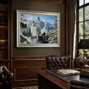 Peinture à l'huile paysagère artisanale de prestige, réaliste, sur le thème du Château de Neuschwanstein en <span class=keywords><strong>hiver</strong></span>, pour <span class=keywords><strong>d</strong></span>écoration murale de villa - Product Image 3