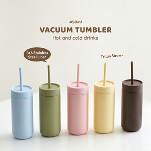 Tumbler Vakum Terisolasi Lucu 450ml SUS 316L Baja Tahan Karat Dinding Ganda Cangkir Kopi Dingin Dapat Digunakan Kembali Sedotan Matte Logo Kustom - Product Image 2