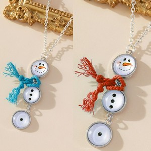 Cute Cartoon Snowman Button Pendant Necklace Zinc Alloy Blue <b>Red</b> <b>Scarf</b> Christmas Winter Gift Jewelry - Product Image 1