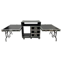 Flight case ODM OEM 14U sur roulettes avec 2 tiroirs pour consoles Allen&Heath QU32 et 2 tables DJ, poignées externes, IP67, roulettes pivotantes et 4 loquets de sécurité