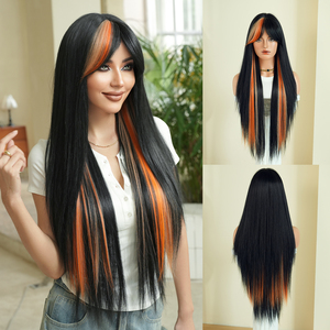 Perruques synthétiques longues et droites de 34 pouces, noires avec mèches <span class=keywords><strong>orange</strong></span>, avec frange, en <span class=keywords><strong>fibre</strong></span> résistante à la chaleur, aspect mat naturel, Peluca - Product Image 1