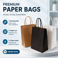 Sac en papier kraft recyclé brun avec poignée, personnalisé avec logo, pour la restauration, les cafés, les plats à emporter, les courses et les emballages de livraison.