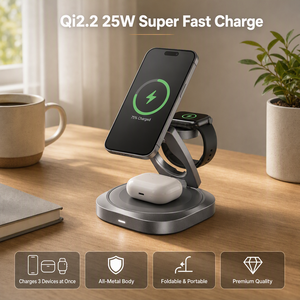 แท่นชาร์จไร้สาย 25W 3 in 1 ชาร์จเร็วพิเศษ วัสดุโลหะผสมสังกะสี ได้รับการรับรองมาตรฐาน CE FCC สำหรับ iPhone AirPods และนาฬิกา - Product Image 1