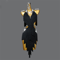 Robe de danse latine noire à franges avec taille découpée ornée de strass pour femmes, costume de compétition de danse de salon professionnel