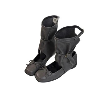 Botas Planas de Media Pantorrilla con Punta Cuadrada y Decoración de Lazo, Parte Superior de PU de Color Sólido, Suela de Goma, Cómodas y Fáciles de Poner, para Todas las Temporadas - Product Image 5